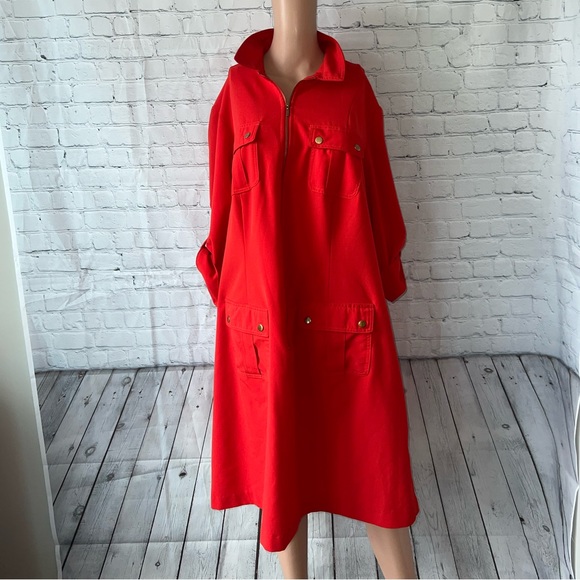 Sharagano Dresses & Skirts - Sharagano Red Cargo Long Sleeve Dress with Buttoned Pockets size 20W